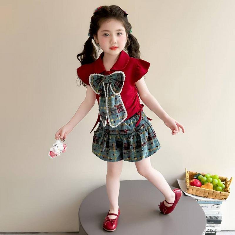 Girls Summer Fashion 2 Piece Set Bow Short Sleeve Top And Bud Pants Casual Outfit For Kids