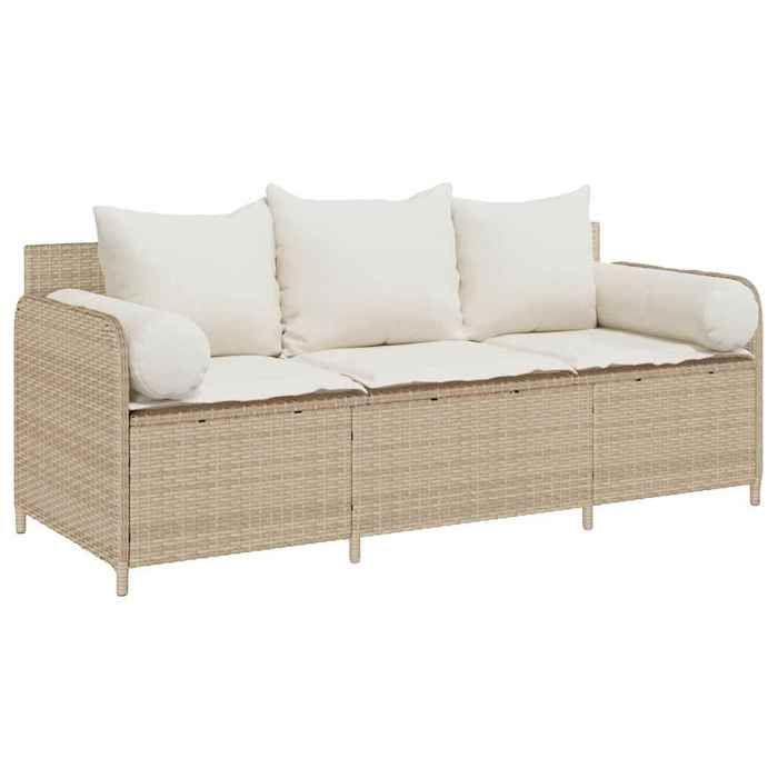 VidaXL Garden Sofa with Cushions 3-Seater Beige Wicker, Outdoor Sofa, Garden Furniture, Patio Furniture, 4104176