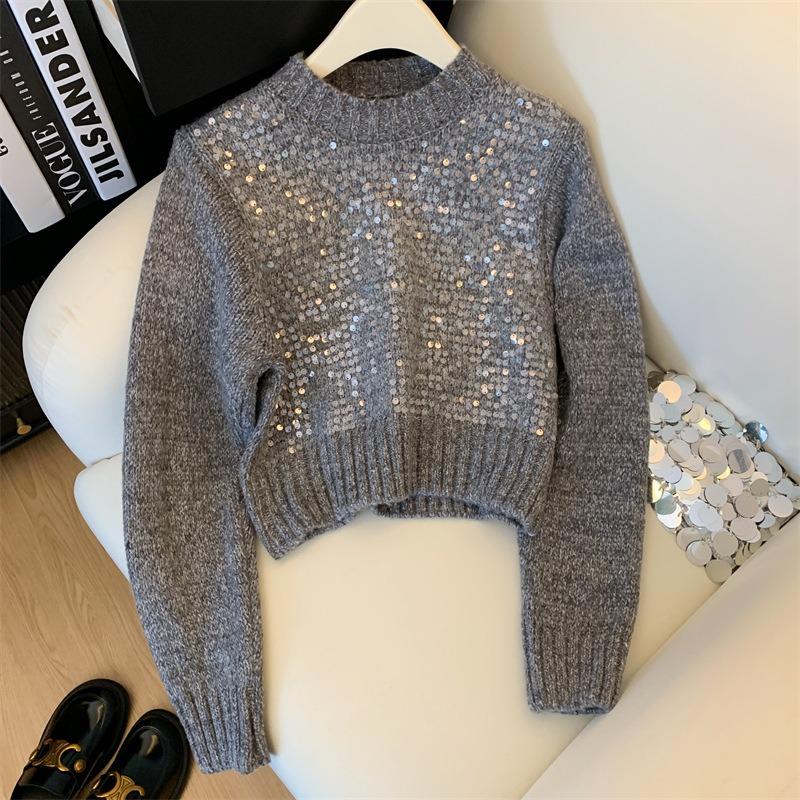 Real sequined knitted sweater top women's autumn and winter new lazy wind round neck heavy industry super good-looking short sweater
