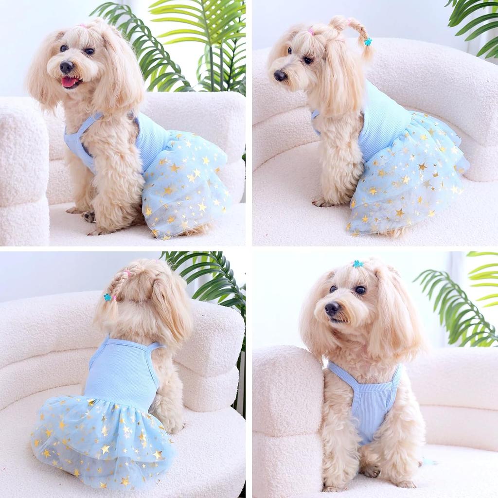 Dog Tutu Dress Cat Dogs Summer Tulle Slip Lace Dress Cute Puppy Glitter Star Skirt Pet Party Clothes for Small Medium Cat Dog (Blue, Medium)