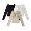 Pure Desire Damen V-Ausschnitt Spitzen-Patchwork Langarm-T-Shirt und Camisole Set