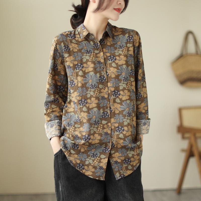 1116 Early Autumn New Literary and Retro Printing Cotton and Linen Long-sleeved Shirt Women's Autumn Loose Mother Shirt