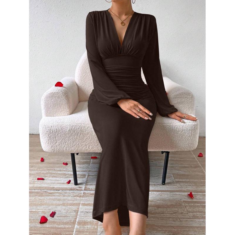 V-Neck High-Waist Slimming Long-Sleeve Evening Dress for Women
