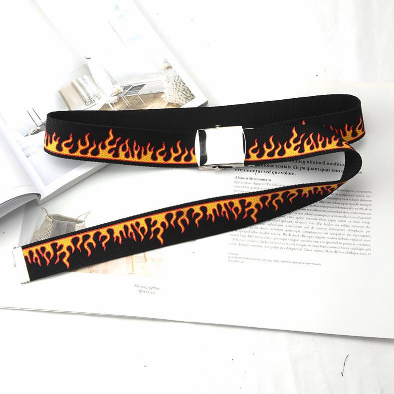 Fashionable Pattern Flame Metal Buckle Decoration Men Casual Woven Canvas Belt