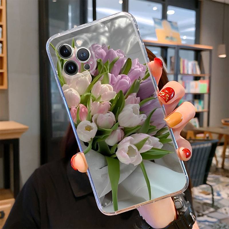 Husa de telefon roz cu flori pentru iPhone 14 13 12 11 Pro Max XS X XR SE 2020 6 7 8 Plus Mini carcasa transparenta