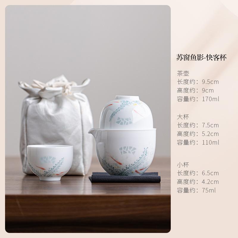 

Hollow Window Hand-painted Fish Travel Tea Set Kit Handmade 1 Pot 3 Cups Tea Maker Organizer Portable Picnic Tote Bag Supplies