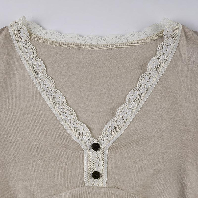 Sexy V-neck Lace A-line Knit Long-sleeve Top - Elegant Slimming Sweet Girly Style
