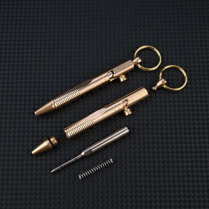 Mini Brass Pen Outdoors Portable Writing Tools Cylindrical Bolt Ballpoint Pen Key Pendant Business Signature Stationery Pen EDC