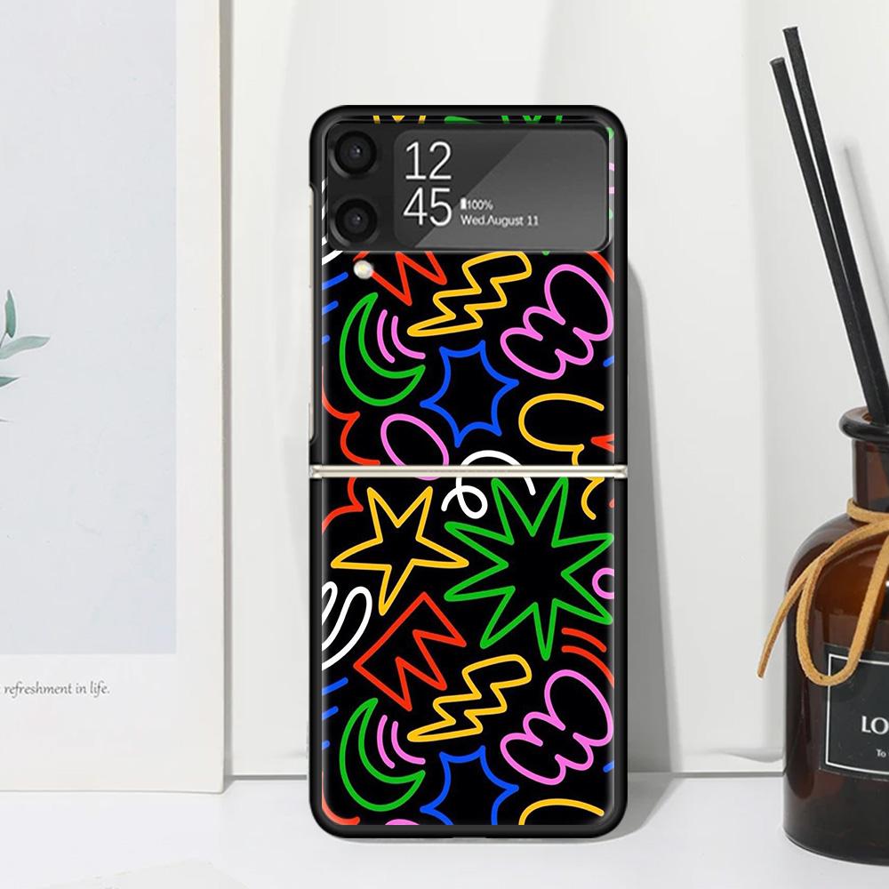 Simple Pattern Graffiti Phone Case Cover for Samsung Galaxy Z Flip 7 6 5 4 3 5G Flip3 Flip4 Flip5 ZFlip6 ZFlip7 Black Fundas Gal