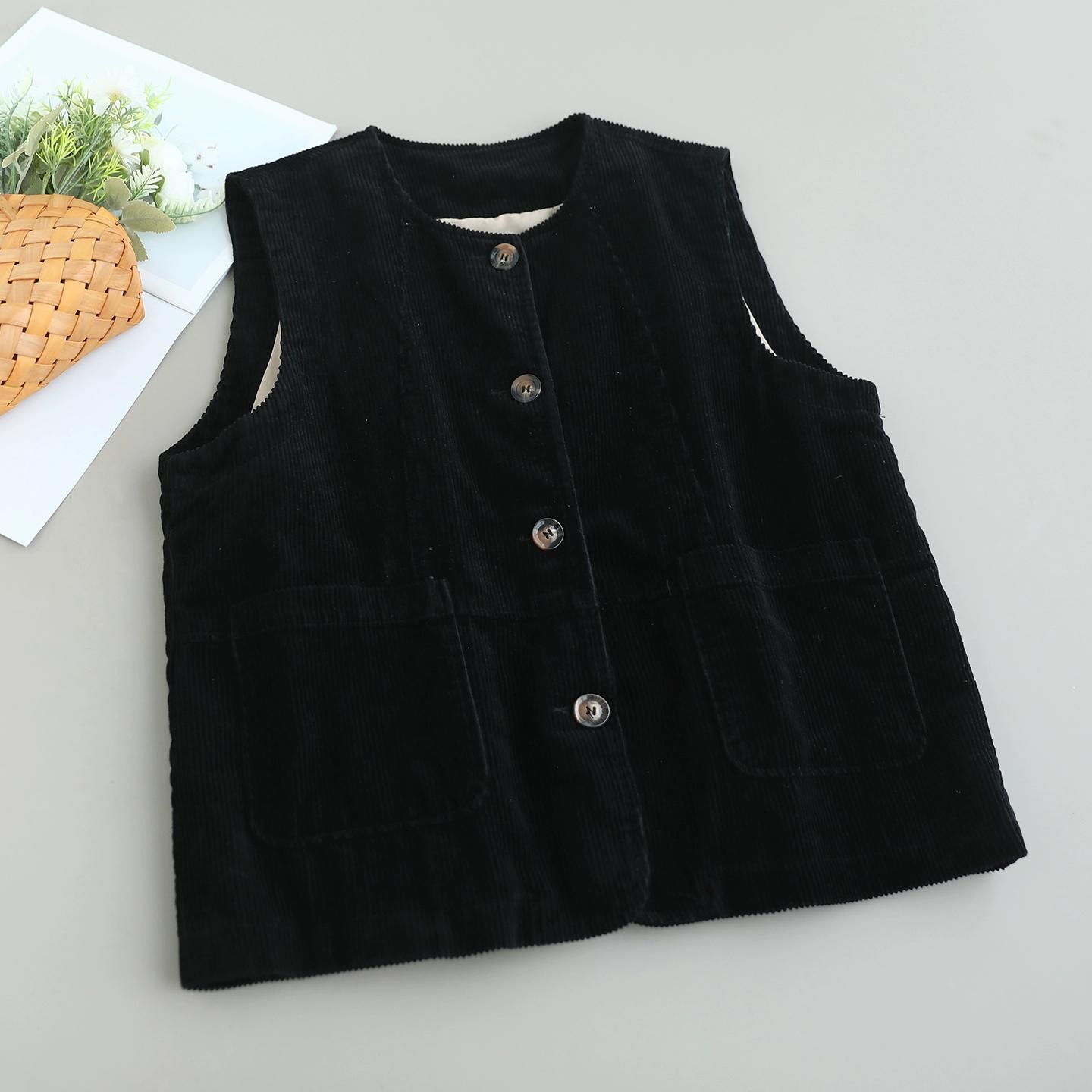 

DIMANAF 2025 New Short Corduroy Jacket Vest Autumn Sleeveless Retro Coat Buttons Women Solid One size