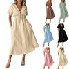 Women's Casual Loose Fit V Neck Tie Front Midi Dress Lightweight Comfortable Long Dress with Short Sleeves and Pockets for Everyday Wear