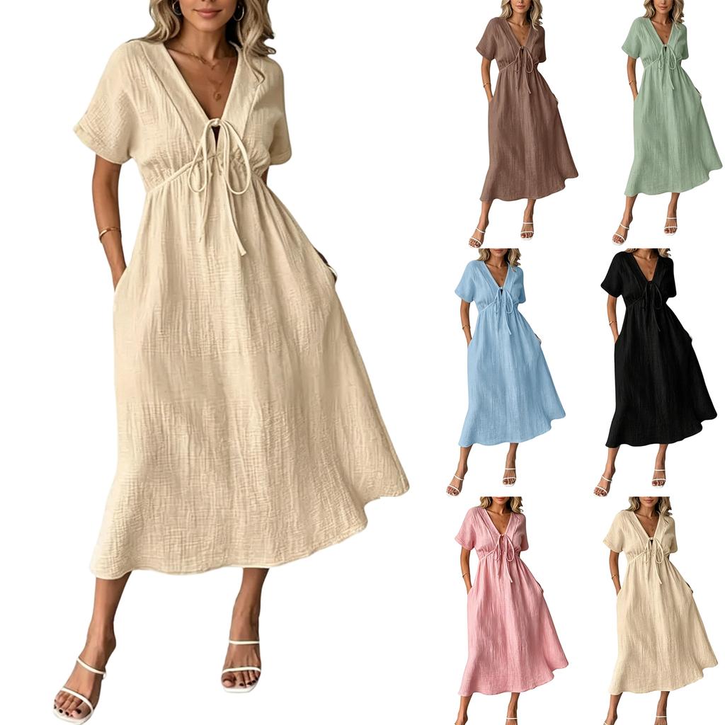 Women's Casual Loose Fit V Neck Tie Front Midi Dress Lightweight Comfortable Long Dress with Short Sleeves and Pockets for Everyday Wear