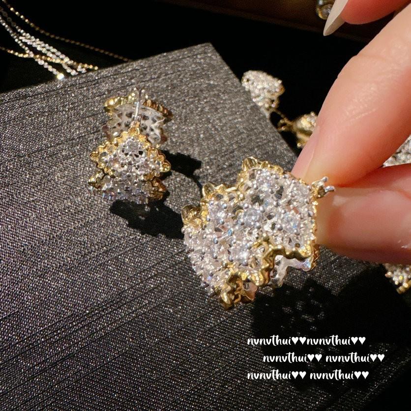 Lace Honeycomb Star Glow Gemstone Earrings Vintage Plated 18K Gold, Curved Brushed, Bell Zircon Necklace Ring