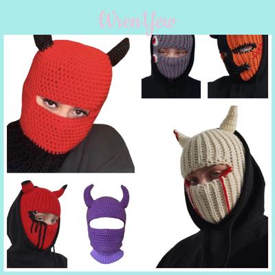 Halloween Knit Hat Unique Cow Horn Design For Parent-child Matching Handmade Polyester Fabric Breathable And Warm