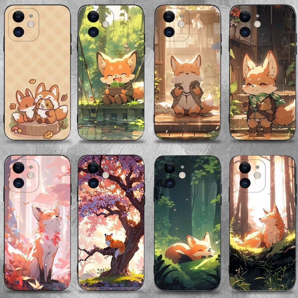 Cute Cartoon Animal Fox Phone Case For iPhone 16 15 Plus 14 13 Pro Max 12 Mini 11 X XS XR 7 8 8Plus Black Soft Phone Coque