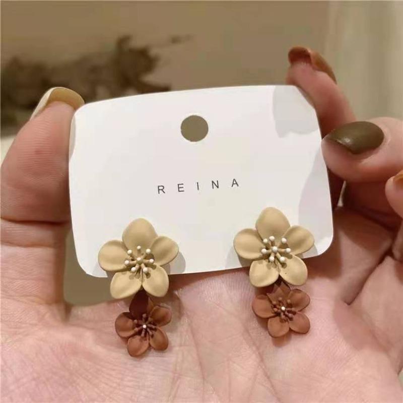 Brown Two Color Flower Drop Dangle Earrings for Women Korean Fashion Jewelry Wedding Party Girl Elegant Ear Decoration