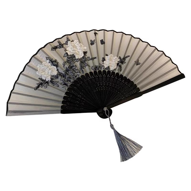 Chinese Folding Fan: Portable Black Bamboo Hanfu Dance Accessory