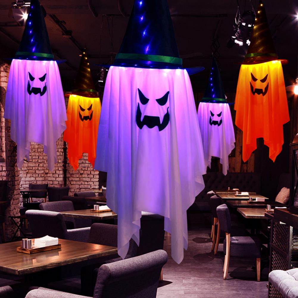 Hanging Ghost Halloween Decor Grimace Print Ghost Hat Decoration Spooky Halloween Light Up Hanging Ghost for Yard for Tree