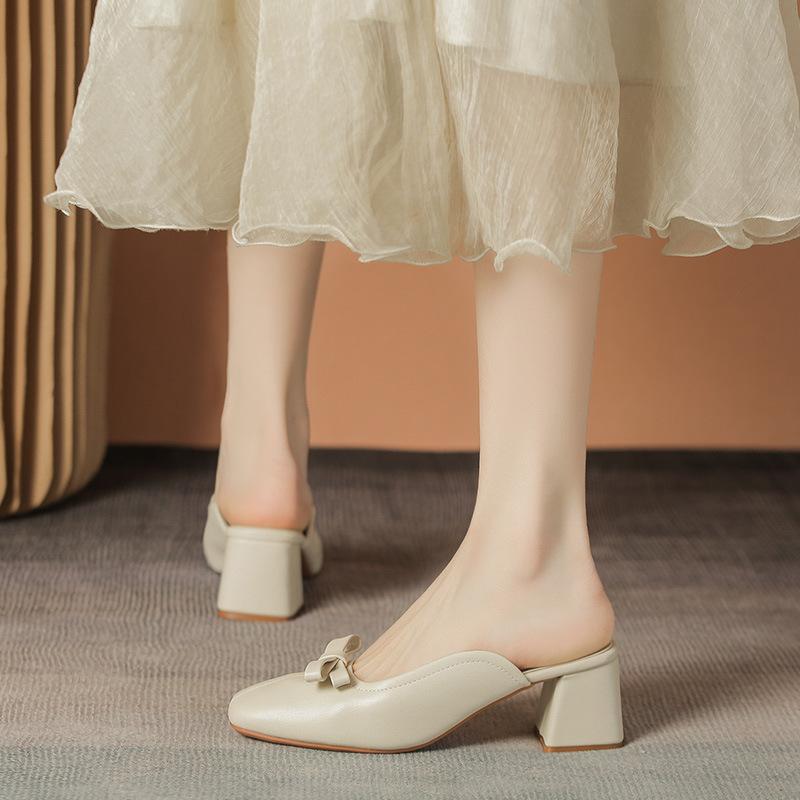 One-word Bow Thick-heeled Bag Head Slippers Half-towed, Wearing Cool Slippers Casual Thick-heeled Bag Shoes
