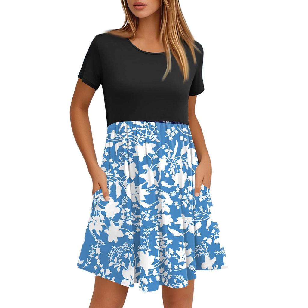 Women's Fashion Casual Loose Round Neck Short Sleeve Printed Pocket Dresses