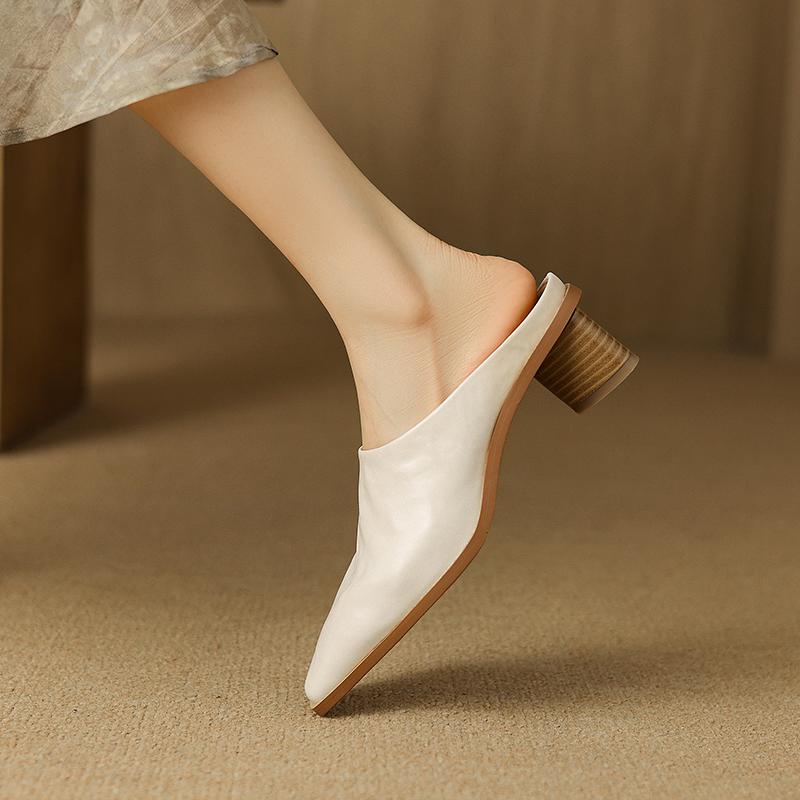 Fashion 2025 Fashion Covered Toe Genuine Leather Slippers Women Thick Heels Casual Mules Summer Daily Walk Sheepskin Leather Slippers