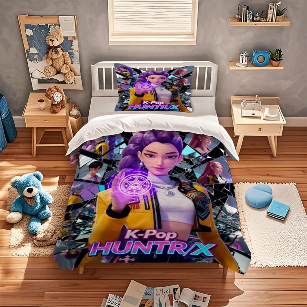 KPop D-Demon Hunters Ložní souprava Jednolůžková Halloweenský kostým Ložní souprava - 2-3dílná Přikrývka Prošívaná přikrývka Povlak na přikrývku Sady povlaků na polštáře