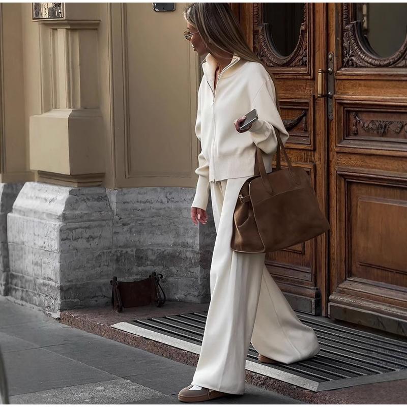 Lässiger Reißverschlussjacke-Pendleranzug Einfache einfarbige Streetwear Lange Hosen Outfits Frühling Herbst Gestrickte Damen Zweiteiler