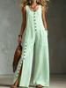 Women Sleeveless Button Up Wide Leg Jumpsuit Solid Color Side Slit Pockets Casual Loose Fit Long Romper