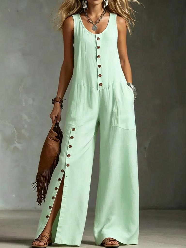 Women Sleeveless Button Up Wide Leg Jumpsuit Solid Color Side Slit Pockets Casual Loose Fit Long Romper