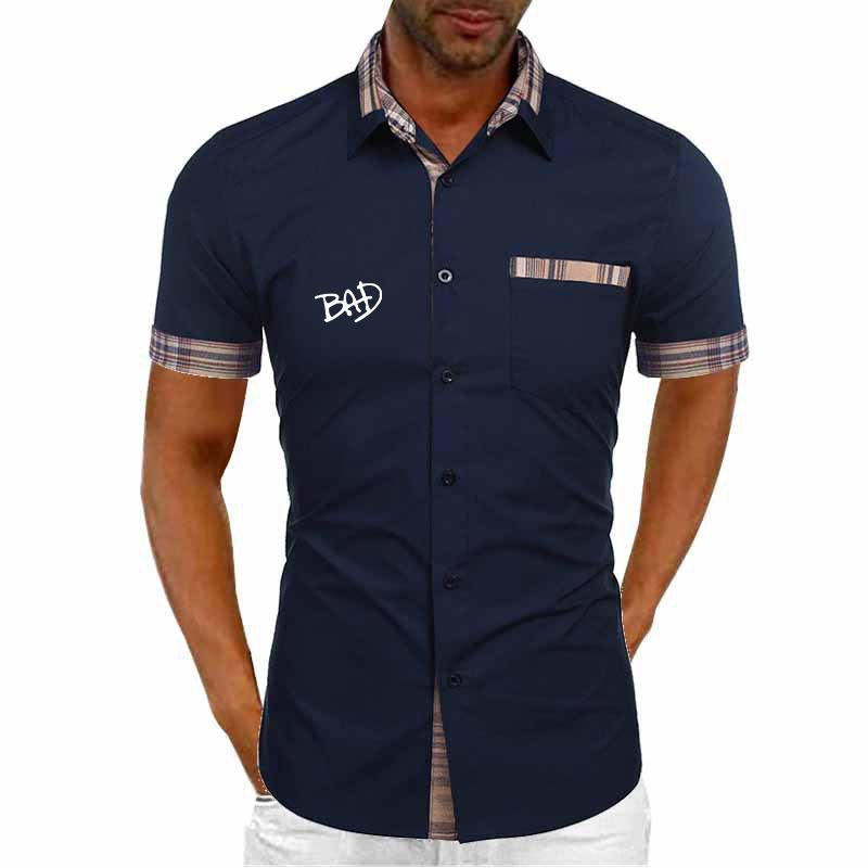 Cheap Men's Short Sleeve Casual Shirts Solid Color Letter Print Loose Casual Button Short Sleeve