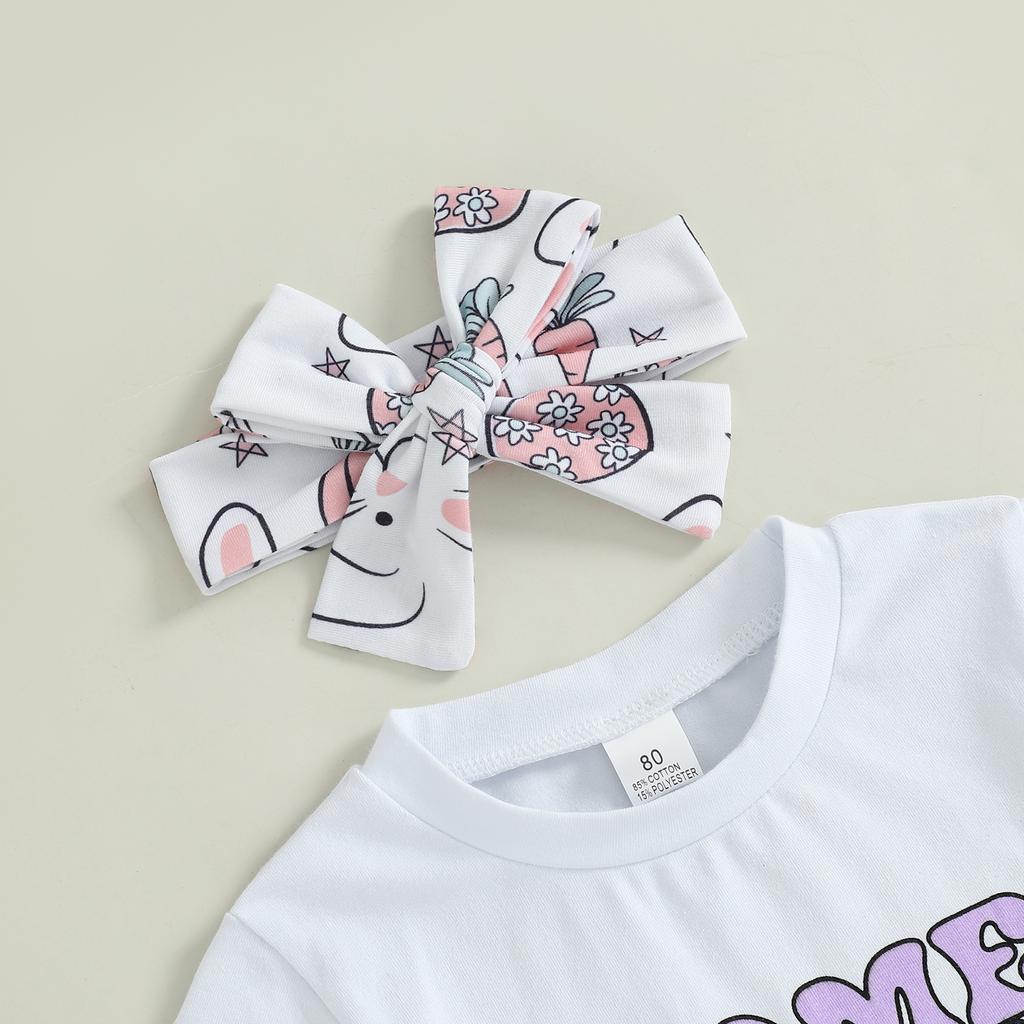 Toddler Girl Easter Outfits Short Sleeve Round Neck T-Shirt + Egg Bunny Print Flare Pants + Bow Headband 3 Pcs Set