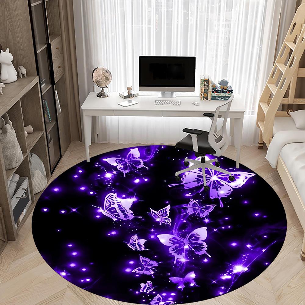 1pc Butterfly Purple Glitter Chair Carpet for Office, Round Non Slip Durable Large Size Office Carpet, Suitable for Office