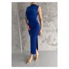 Elegance Navy Blue Dress With Draped Shoulder And Waist Parts, Zero Sleeves And Slit Detail