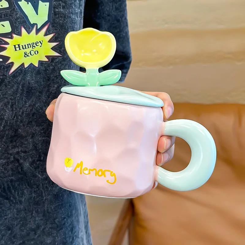 450ML Hand-Painted Flower Tea Cup Ceramic Mug Home Office Drinkware Cup Tea Coffee Milk Juice Water Bottle Creative Gift for Her