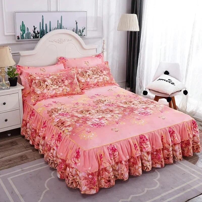 Ruffle Skirt Bedspread Home Textile Printed Bed Skirt Bedroom Coverlets Bedspreads Sheets Dust Cover Bedding 3PCS/Set