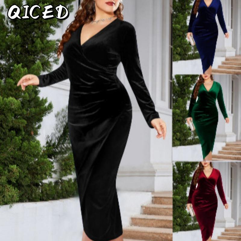 BITCED Fashion Summer Spring Solid Color Print Long Sleeve V-Neck Casual Dresses