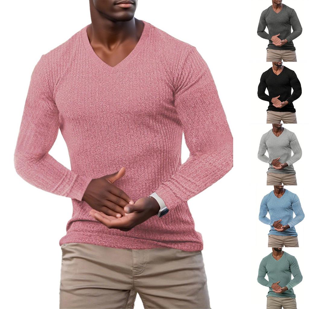 Mens V Neck Long Sleeve Shirts Solid Color Textured Dressy Sweaters Blouses Fall Fashion Loose Outfits 2025