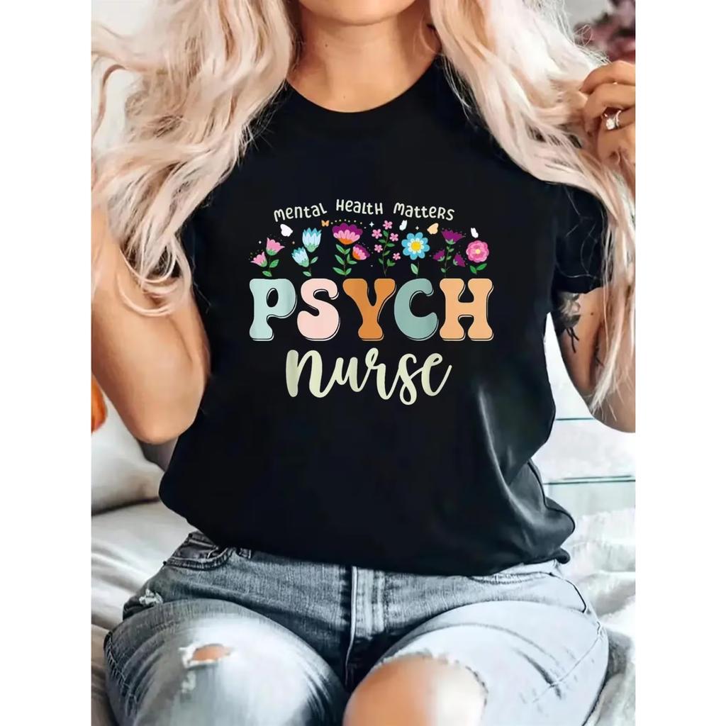 Women's Psych Nurse RN PMHNP Graphic T-Shirt - Psychiatric Nurse Design with RN & PMHNP Letters, Relaxed Fit Short Sleeve Top