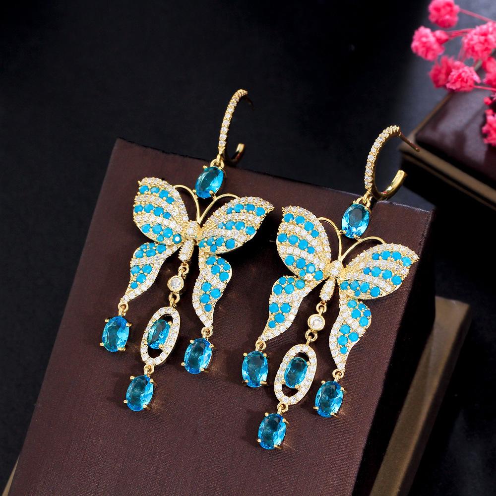 

Super Fairy Light Luxury Blue Medium And Long Fringed Temperament Butterfly Earrings Pendant Needle Heavy Industry Earrings