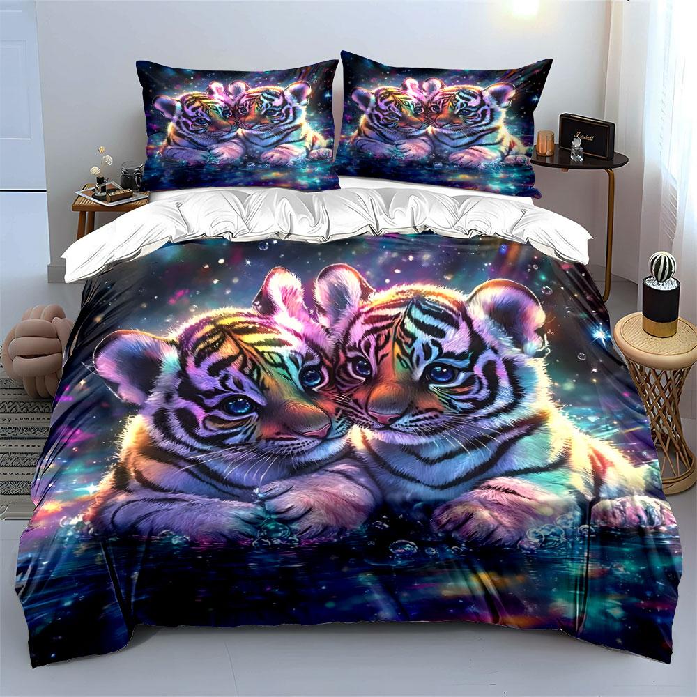 Colorful Tiger Cubs In Water Bedding Duvet Cover Set  (1*Duvet Cover 2*Pillowcases, Without Duvet Insert)
