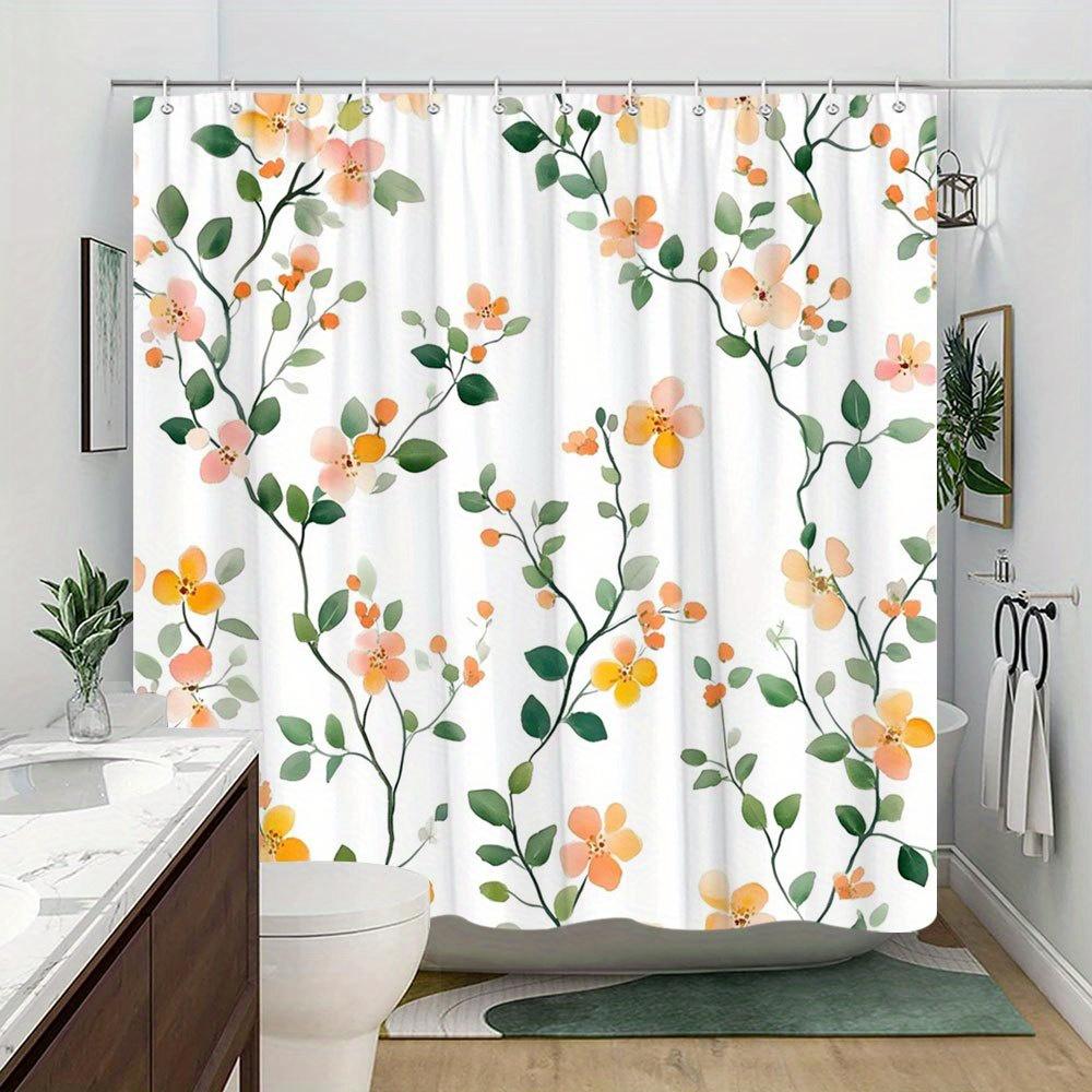 1 delicate orange and peach floral shower curtain, soft watercolor design, with hooks, polyester fabric, machine washable
