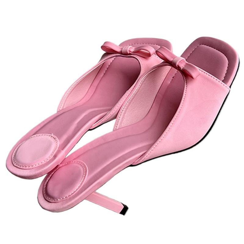 

Fashion Aneikeh Slipper Mules Low High Heels Shoes 2025 Summer Best Street Look Females Square Head Open Toe Bow Strappy Sandals Women 40 розовый