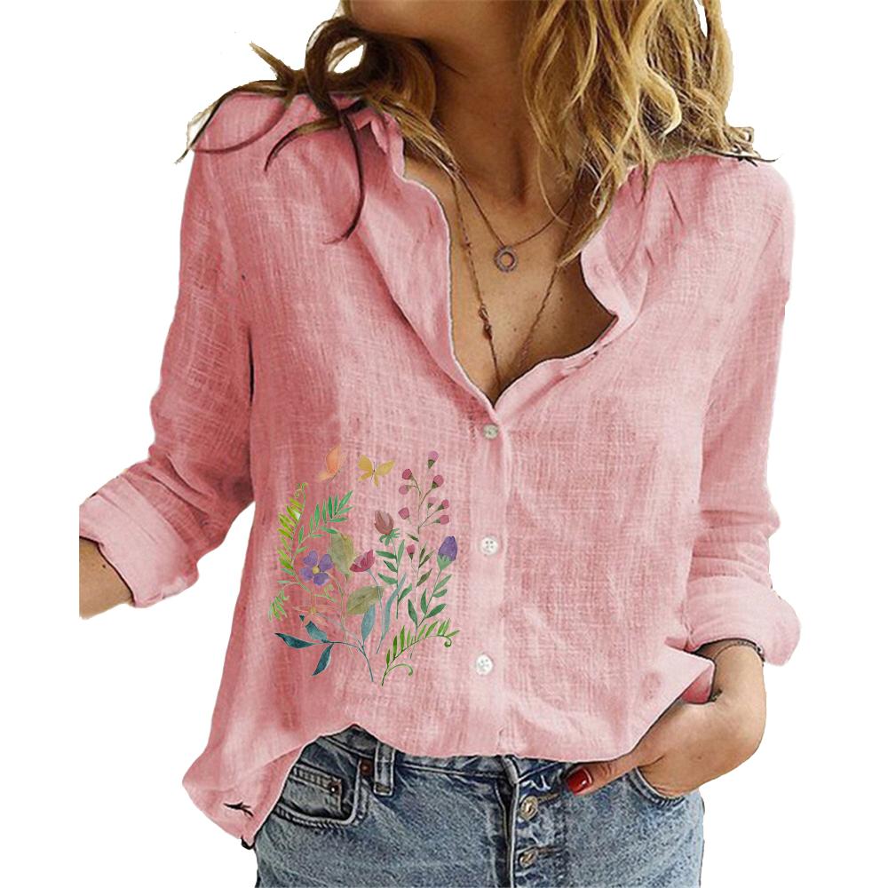 Women Lapel Neck Fashion Long Sleeve Top Cotton Linen Button-up Shirt Ladies Casual Print Blouses