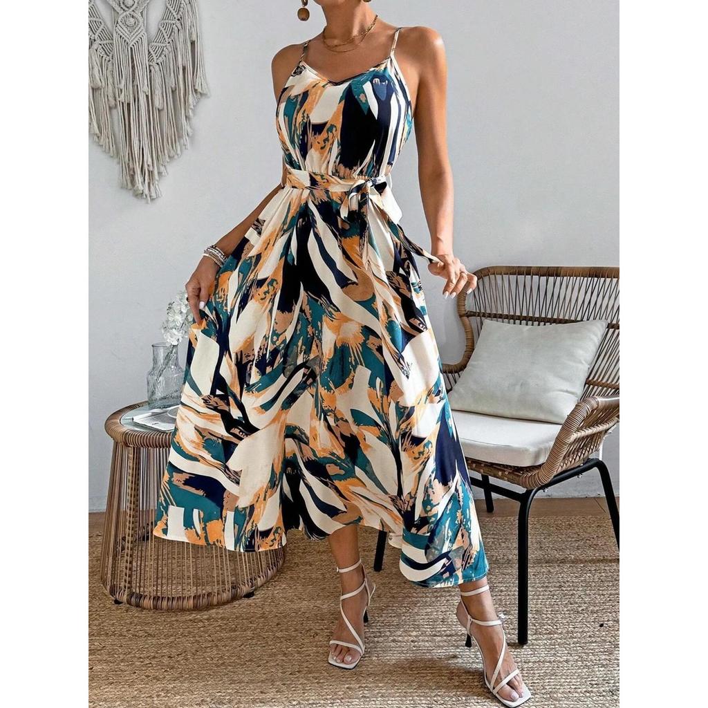 Summer Women's Printed Tie Halter Neck Sleeveless Waist Cinched Long Dress, European American Style Casual Dress
