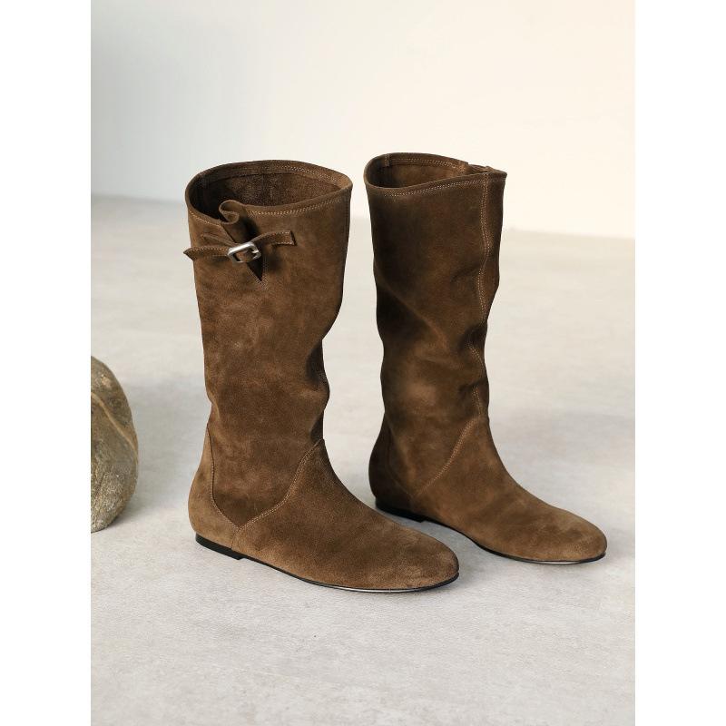 Cowhide Version~ Skinny Inner Height-increasing Boots Suede Knight Boots Women's Round Head But Knee Boots Folded Western Boots