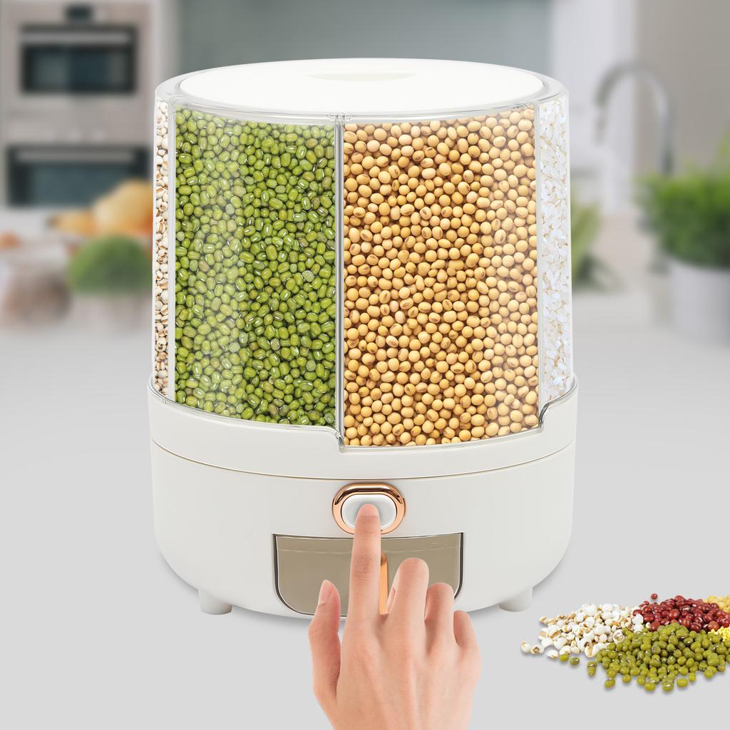 6 Compartment Kitchen Grain Storage Container, White Rotating Dry Food Dispenser for Rice, Beans, Pasta, Cereal, Oats, Flour