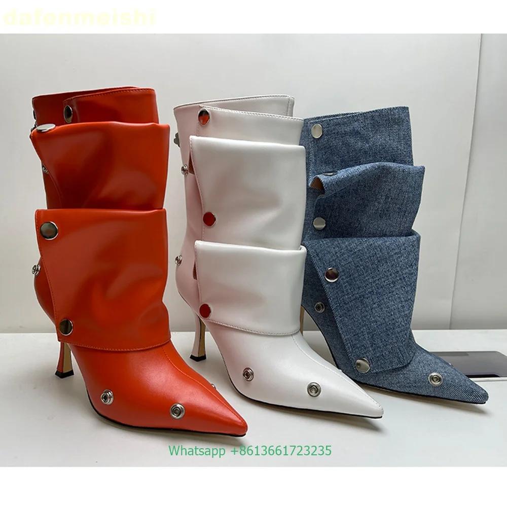 Metal Rivet Buckle Pleated Women Boots 2025 Winter Pointed Toe Thin Heels Short Boots Solid Color Back Zipper Leather Boots
