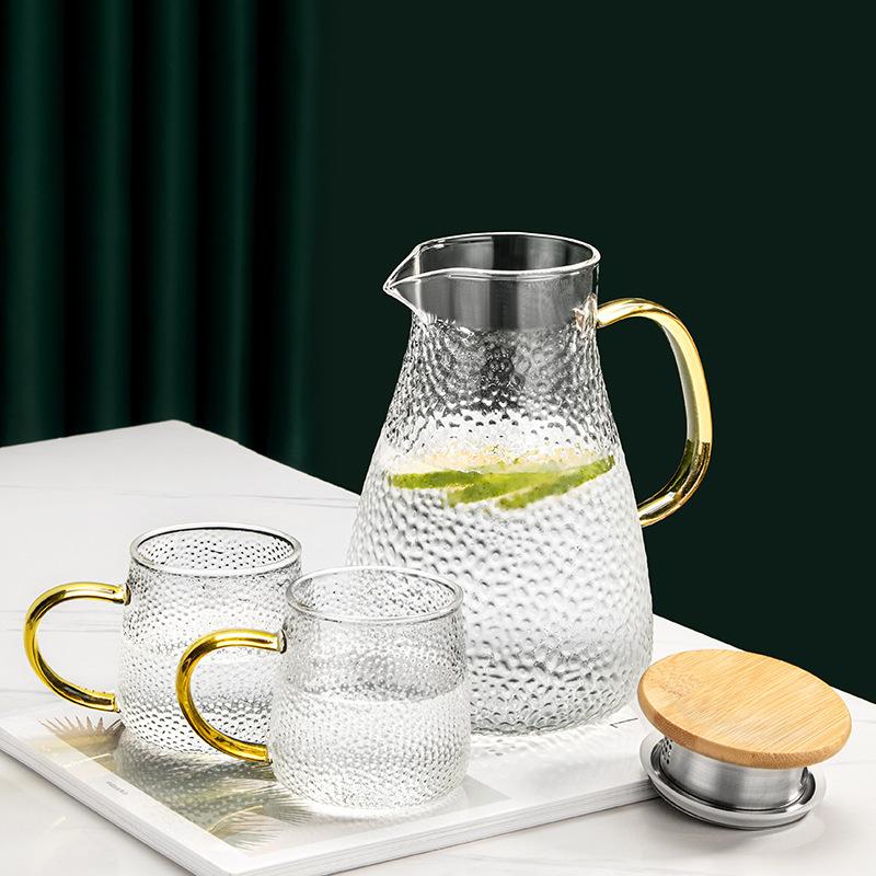 Hervidor de Agua Fría Hervidor de Agua Fría de Vidrio de Alta Capacidad con Patrón Martillado de Borosilicato Alto con Asa, Taza Transparente