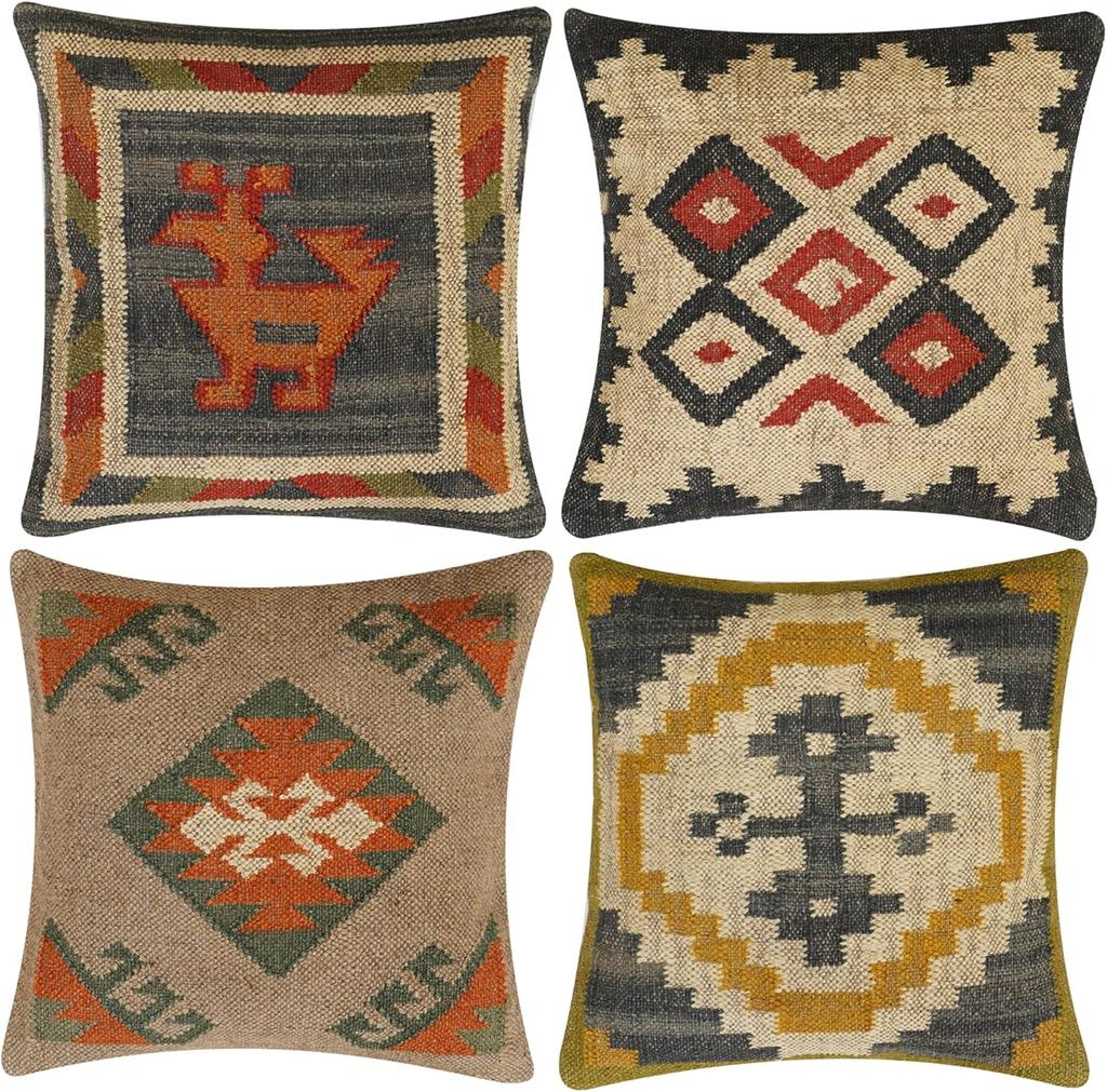 Boho Ręcznie robiona poszewka na poduszkę Juta Wełna Poduszka Vintage Indyjska Plemienna Poduszka na kanapę łóżko krzesło Wystrój salonu Zestaw 4 sztuk