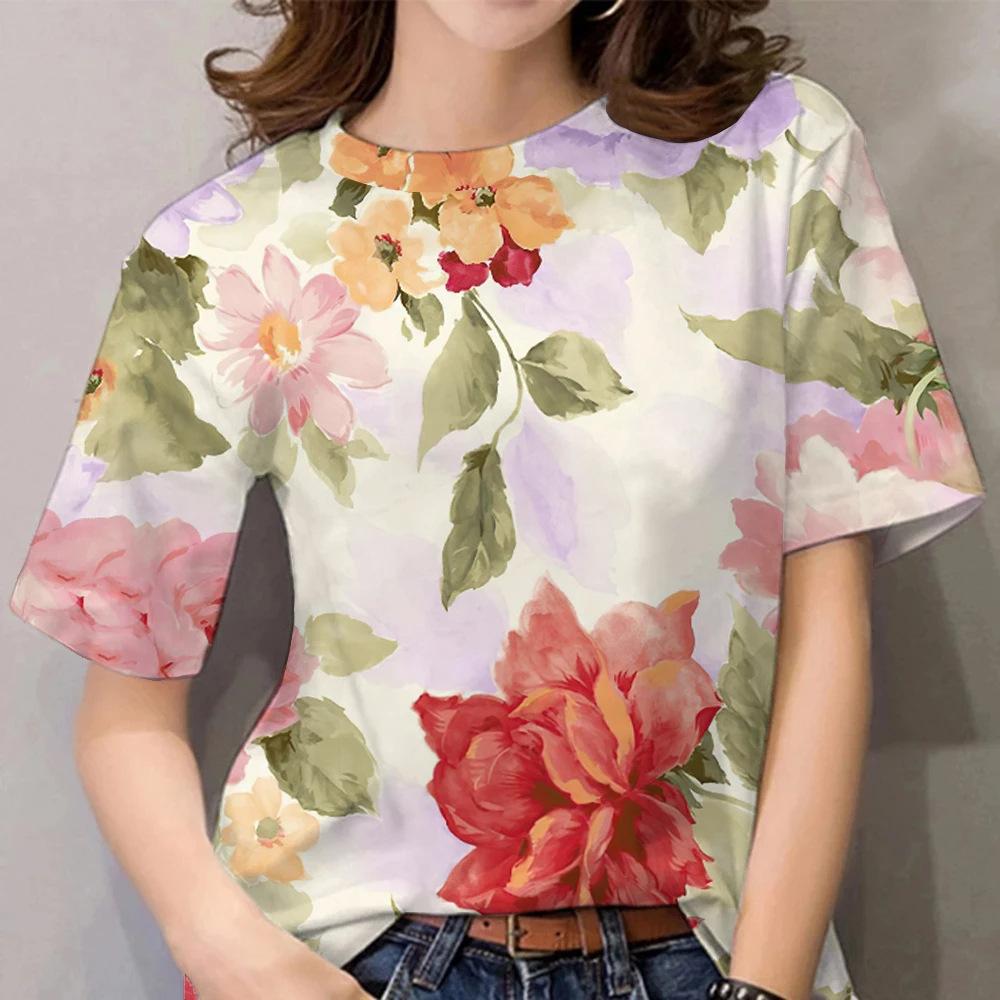 Colorful Floral Print 3D Digital Print Women's Casual Round Neck Short Sleeved T-shirt